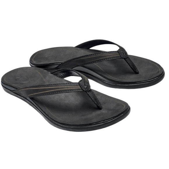 Olukai Aukai Black Leather Flip Flop Sandals - Picture 1 of 11